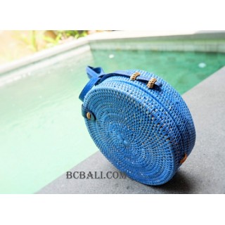 straw synthetic rattan circle bag blue color